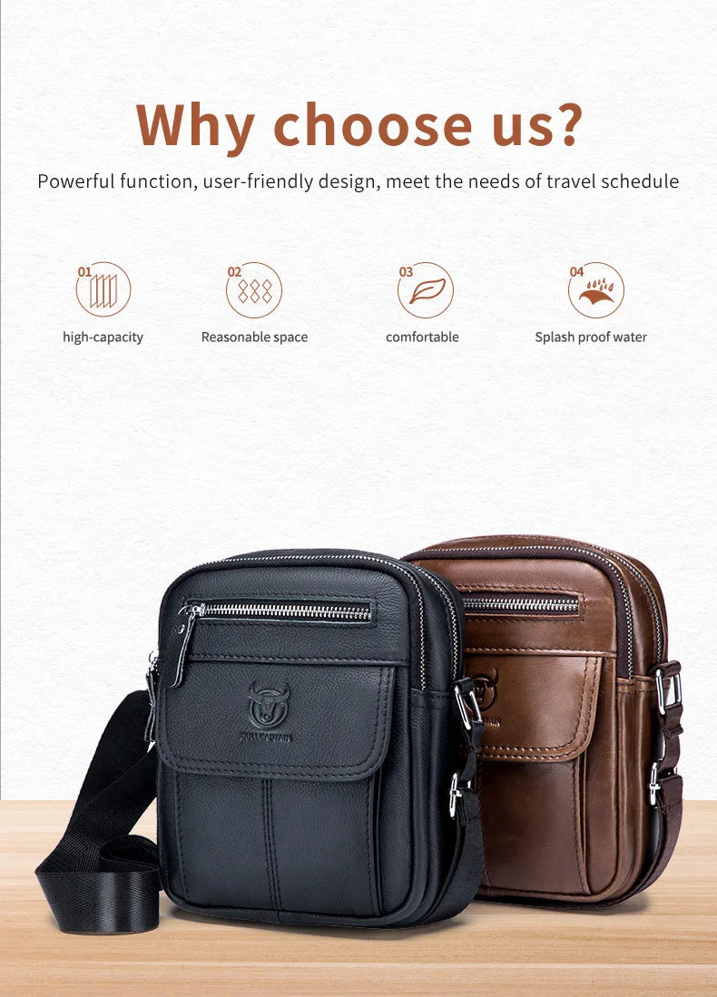 Bullcaptain Casual Men's Shoulder Bags Business Messenger Bag High-Quality Men's Cow Leather Bag's Mini Large Capacity Pocket