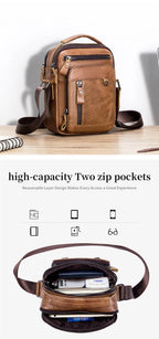 Sacoche Homme Cuir Compacte à Trois Poches Zippées