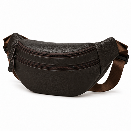 Sacoche Banane Homme en Cuir Véritable à Trois Fermetures, coloris marron