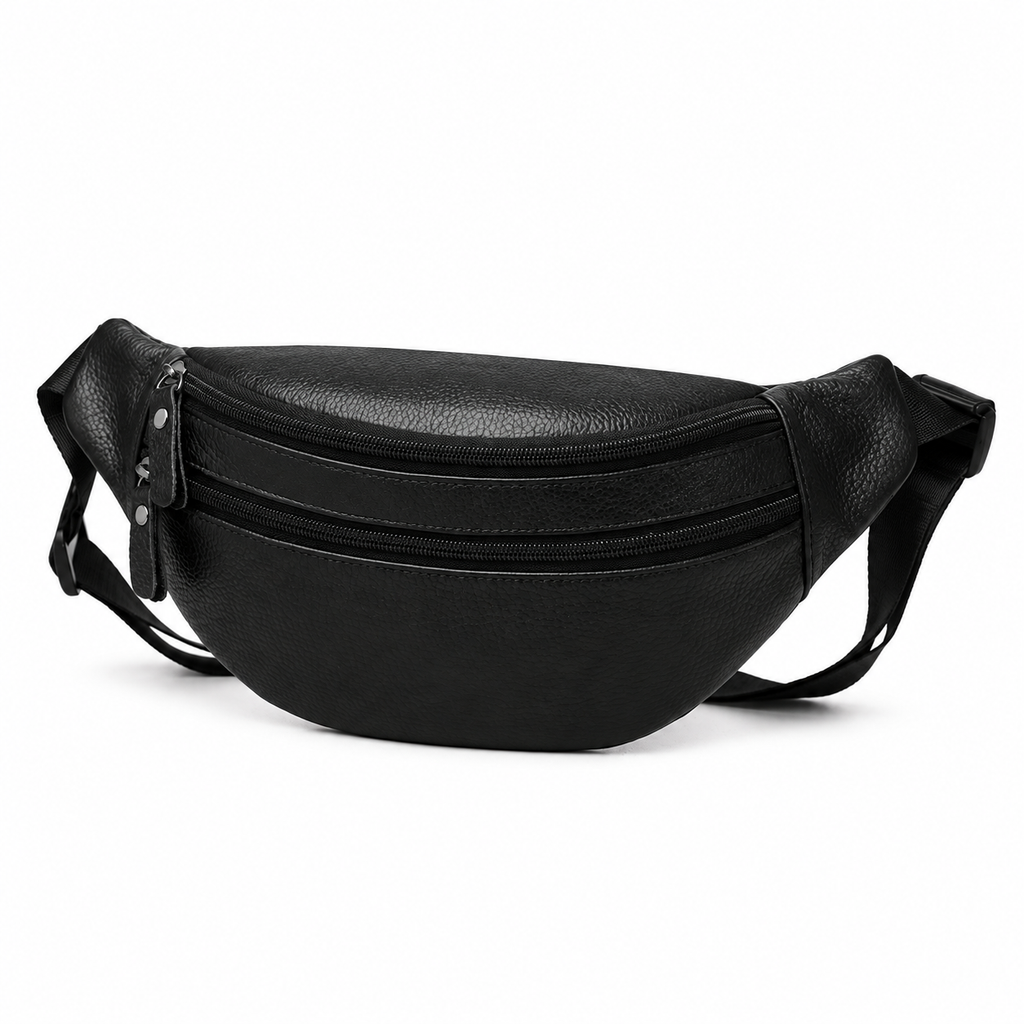 Sacoche Banane Homme en Cuir Véritable à Trois Fermetures, coloris noir