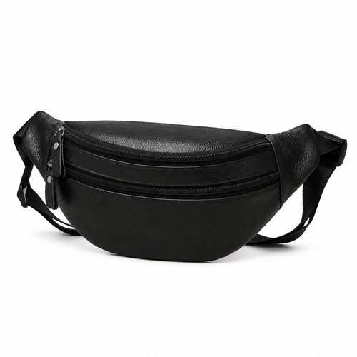 Sacoche Banane Homme en Cuir Véritable à Trois Fermetures, coloris noir