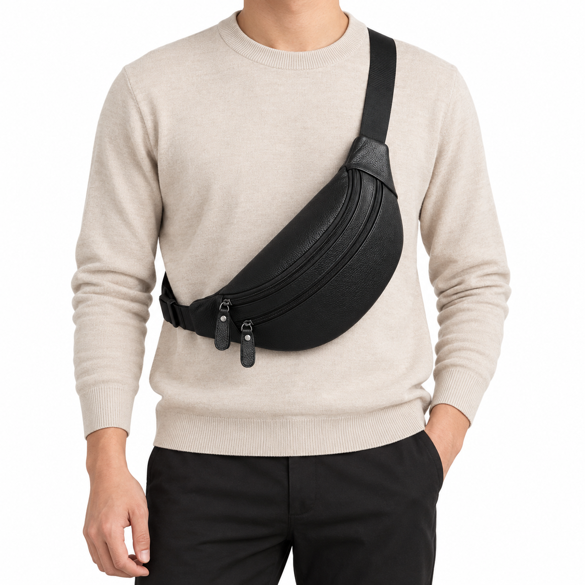 Sacoche Banane Homme en Cuir Véritable à Trois Fermetures, photo 9 sur 9