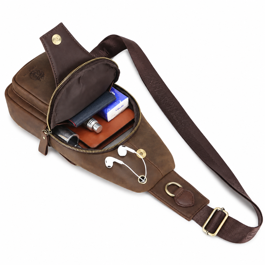 Sacoche Bandoulière Homme en Cuir Mat et Laiton
