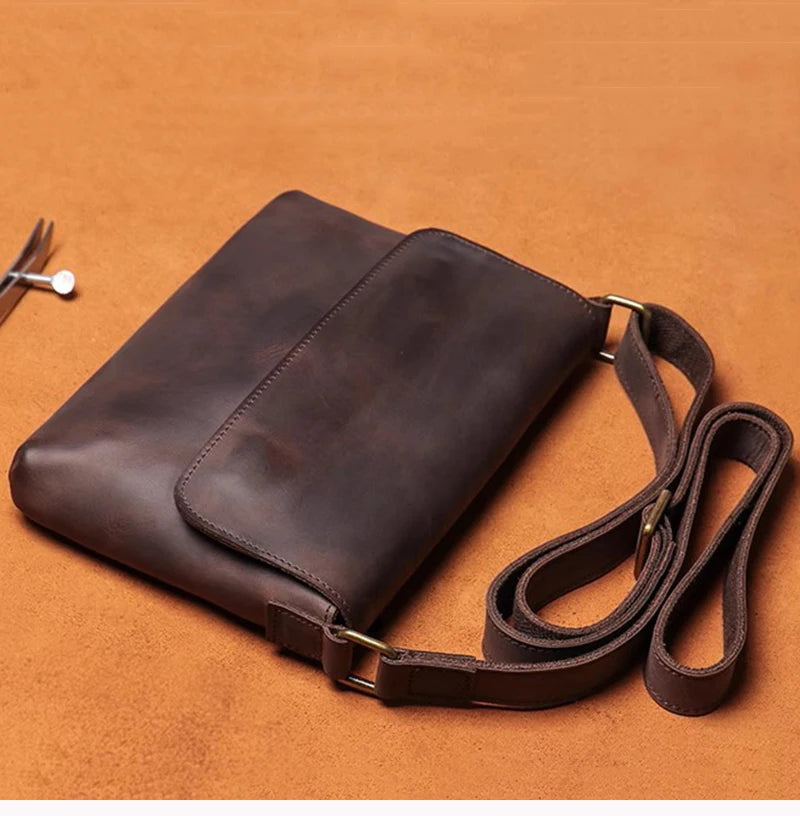 Men's Cowhide Bag Flap Fashion Shoulder Bag 7.9 Inch iPad Phone Bag Vintage Leather Crossbody Bag Gift for Husband