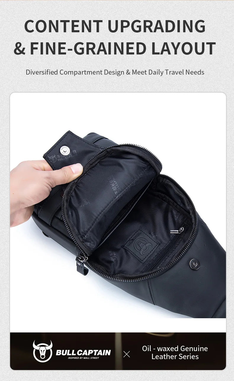 Bullcaptain Men's Usb Chest Bag 100% Genuine Leather Crossbody Shoulder Bags Multifunction Travel Outdoor Messenger Pack Fashion