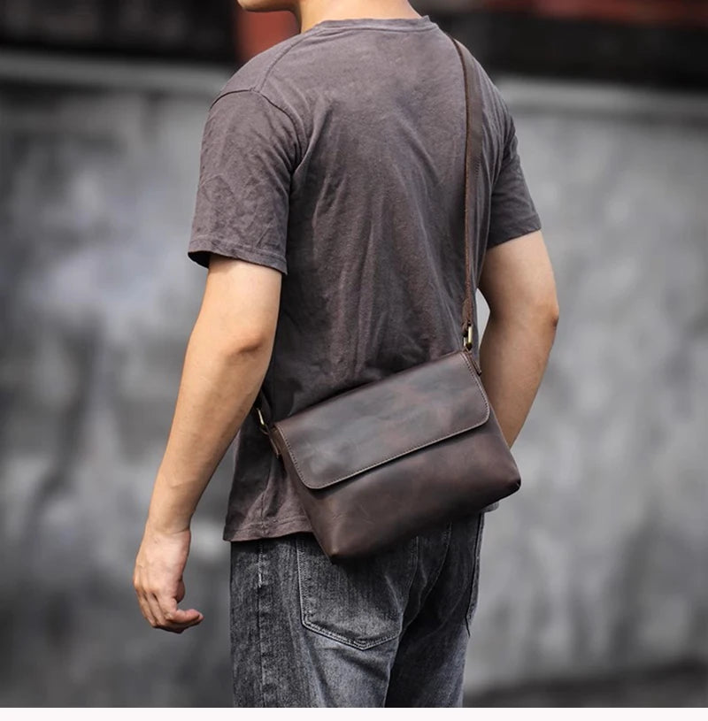 Men's Cowhide Bag Flap Fashion Shoulder Bag 7.9 Inch iPad Phone Bag Vintage Leather Crossbody Bag Gift for Husband