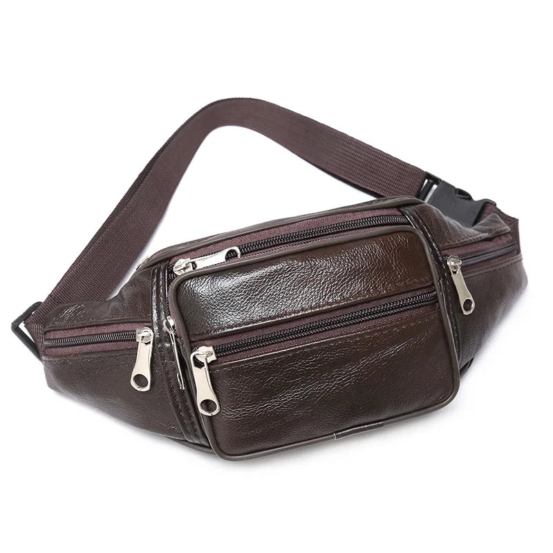 Men's Top-Grain Cowhide Genuine Leather Fanny Pack Multi-Pocket Casual Crossbody Waist Bag for Outdoor Travel And Daily Use