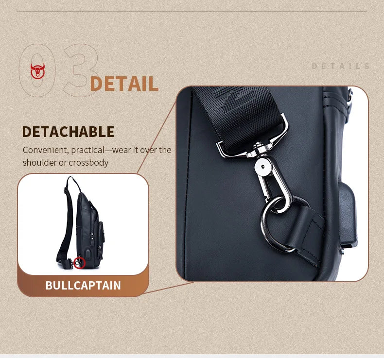 Bullcaptain Men's Usb Chest Bag 100% Genuine Leather Crossbody Shoulder Bags Multifunction Travel Outdoor Messenger Pack Fashion