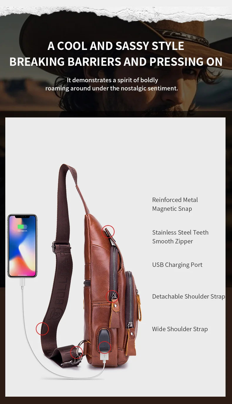 Bullcaptain Men's Usb Chest Bag 100% Genuine Leather Crossbody Shoulder Bags Multifunction Travel Outdoor Messenger Pack Fashion