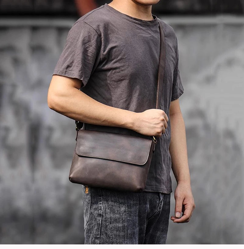 Men's Cowhide Bag Flap Fashion Shoulder Bag 7.9 Inch iPad Phone Bag Vintage Leather Crossbody Bag Gift for Husband
