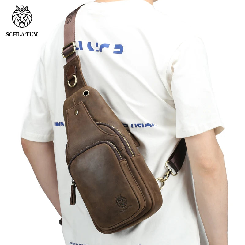 SCHLATUM 100%Genuine Leather Chest Bag Casual Triangle Crossbody Design Travel Shoulder Backpack Men Leather Multifunctional Bag