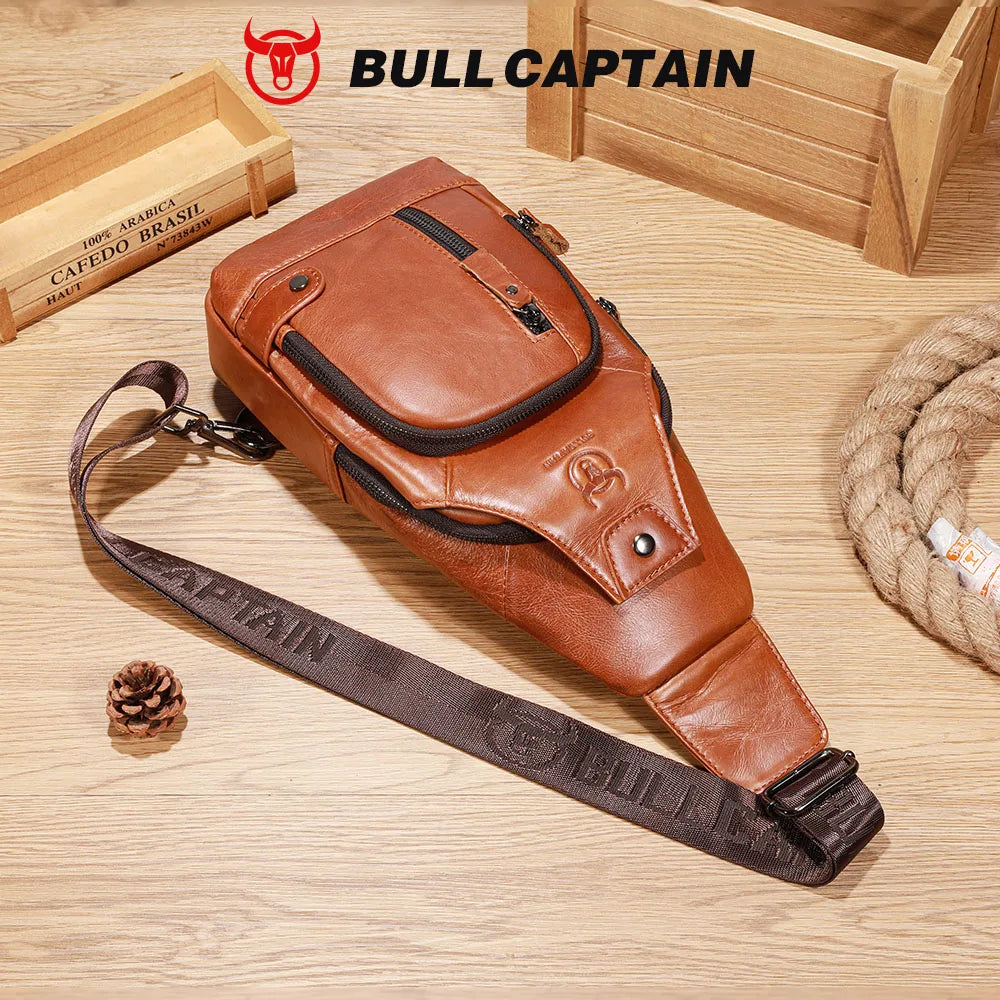 Bullcaptain Men's Usb Chest Bag 100% Genuine Leather Crossbody Shoulder Bags Multifunction Travel Outdoor Messenger Pack Fashion