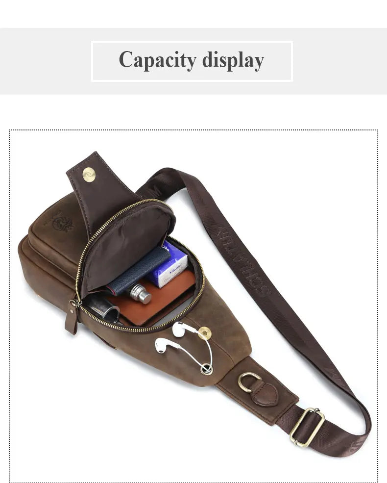 SCHLATUM 100%Genuine Leather Chest Bag Casual Triangle Crossbody Design Travel Shoulder Backpack Men Leather Multifunctional Bag