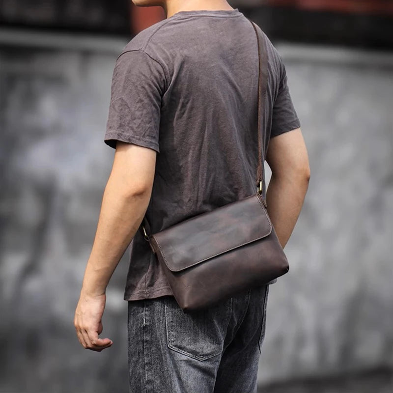 Men's Cowhide Bag Flap Fashion Shoulder Bag 7.9 Inch iPad Phone Bag Vintage Leather Crossbody Bag Gift for Husband