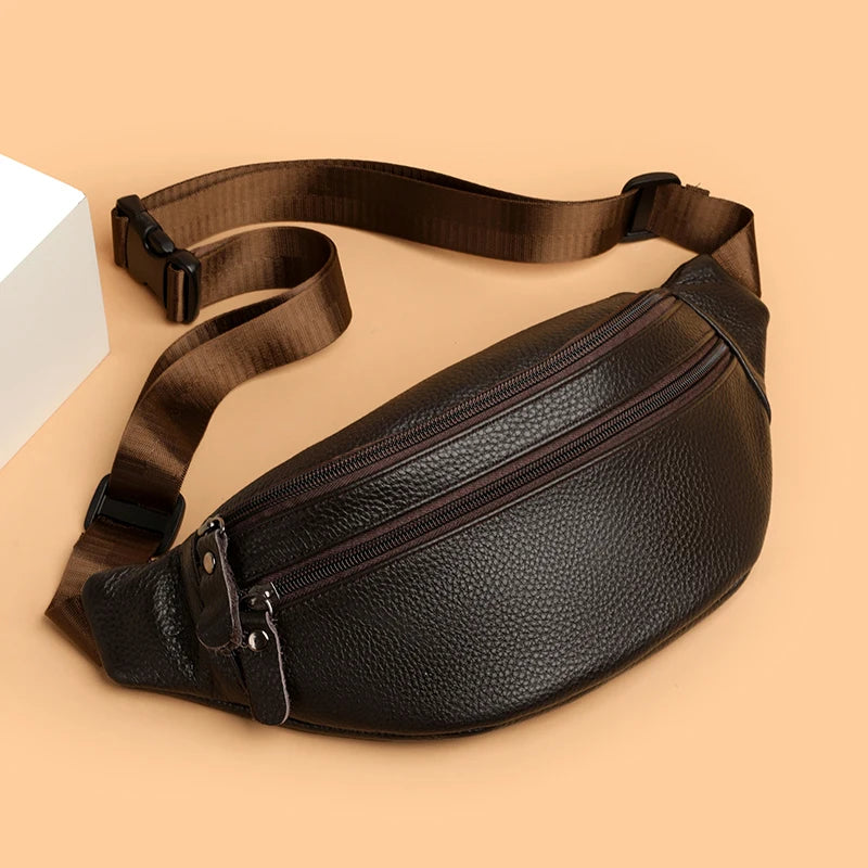 Minimalist Solid Color Genuine Leather Waist Bags for Men & Women Vintage Pebbled Texture Crossbody Chest Pack Luxury Funny Bag