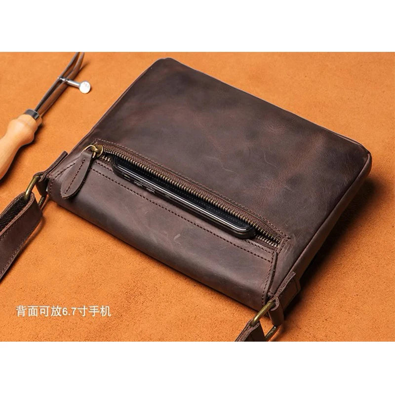 Men's Cowhide Bag Flap Fashion Shoulder Bag 7.9 Inch iPad Phone Bag Vintage Leather Crossbody Bag Gift for Husband