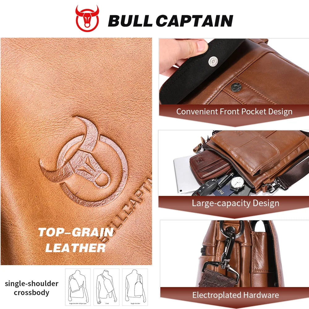 BULLCAPTAIN Men's Genuine Leather Crossbody Bag Large Capacity Multifunctional Top Layer Cowhide Shoulder Bag Fashion Man Bag