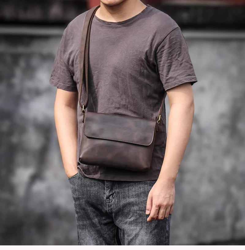 Men's Cowhide Bag Flap Fashion Shoulder Bag 7.9 Inch iPad Phone Bag Vintage Leather Crossbody Bag Gift for Husband