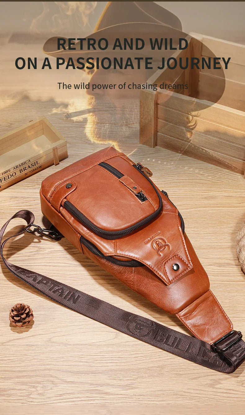 Bullcaptain Men's Usb Chest Bag 100% Genuine Leather Crossbody Shoulder Bags Multifunction Travel Outdoor Messenger Pack Fashion