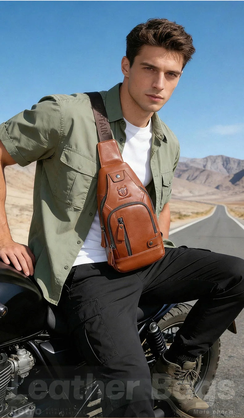 Bullcaptain Men's Usb Chest Bag 100% Genuine Leather Crossbody Shoulder Bags Multifunction Travel Outdoor Messenger Pack Fashion