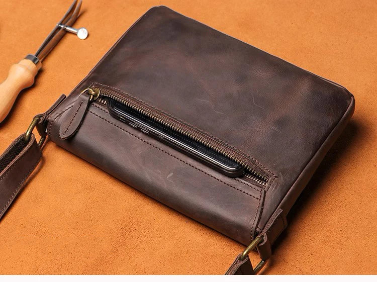 Men's Cowhide Bag Flap Fashion Shoulder Bag 7.9 Inch iPad Phone Bag Vintage Leather Crossbody Bag Gift for Husband