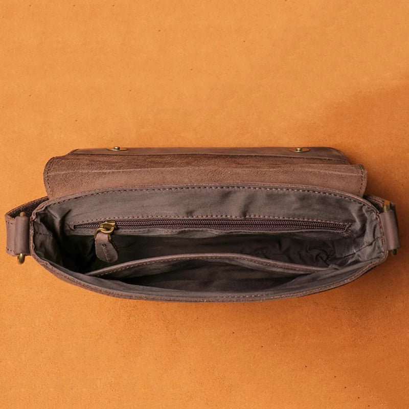 Men's Cowhide Bag Flap Fashion Shoulder Bag 7.9 Inch iPad Phone Bag Vintage Leather Crossbody Bag Gift for Husband