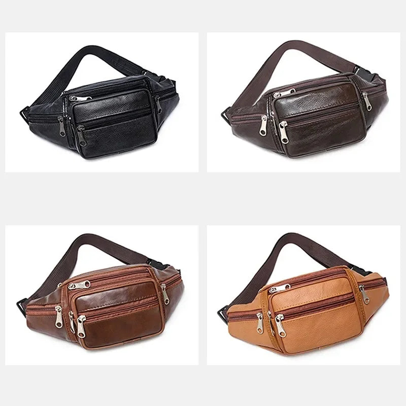 Men's Top-Grain Cowhide Genuine Leather Fanny Pack Multi-Pocket Casual Crossbody Waist Bag for Outdoor Travel And Daily Use