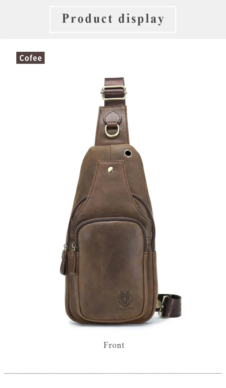 SCHLATUM 100%Genuine Leather Chest Bag Casual Triangle Crossbody Design Travel Shoulder Backpack Men Leather Multifunctional Bag