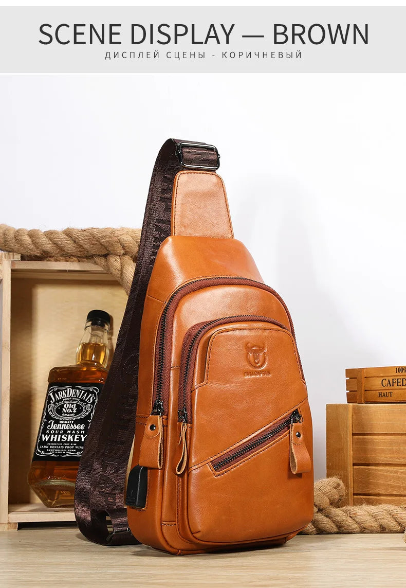 BULLCAPTAIN 2023 The Latest Men's Leather Chest Bag Large Capacity Casual Men's Messenger Bag Classic Leather Chest Bag XB 127
