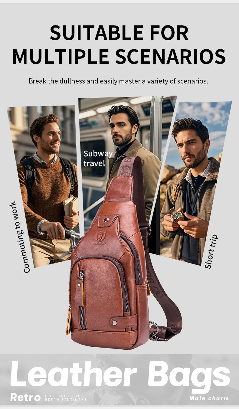 Bullcaptain Men's Usb Chest Bag 100% Genuine Leather Crossbody Shoulder Bags Multifunction Travel Outdoor Messenger Pack Fashion