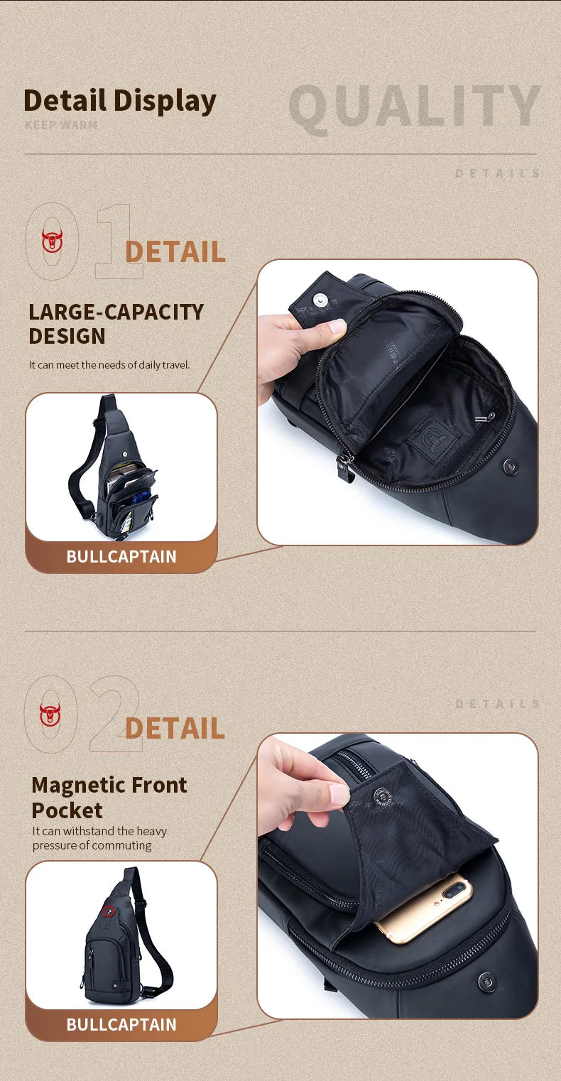Bullcaptain Men's Usb Chest Bag 100% Genuine Leather Crossbody Shoulder Bags Multifunction Travel Outdoor Messenger Pack Fashion