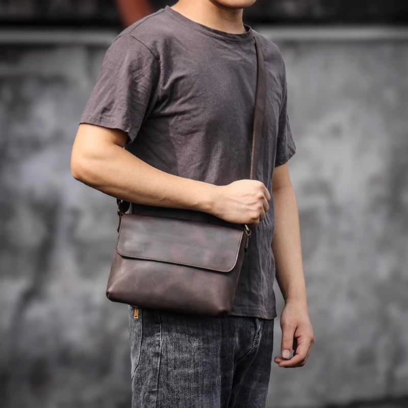 Men's Cowhide Bag Flap Fashion Shoulder Bag 7.9 Inch iPad Phone Bag Vintage Leather Crossbody Bag Gift for Husband