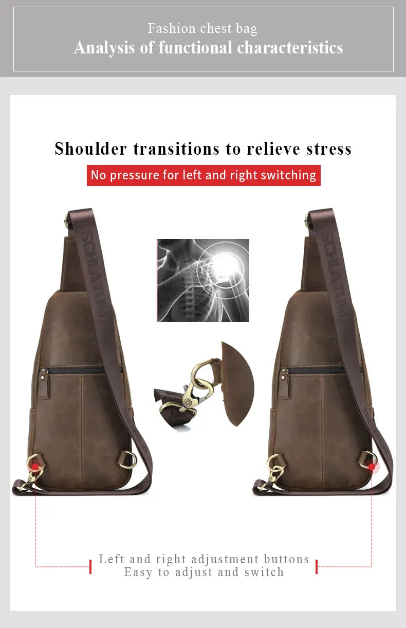 SCHLATUM 100%Genuine Leather Chest Bag Casual Triangle Crossbody Design Travel Shoulder Backpack Men Leather Multifunctional Bag