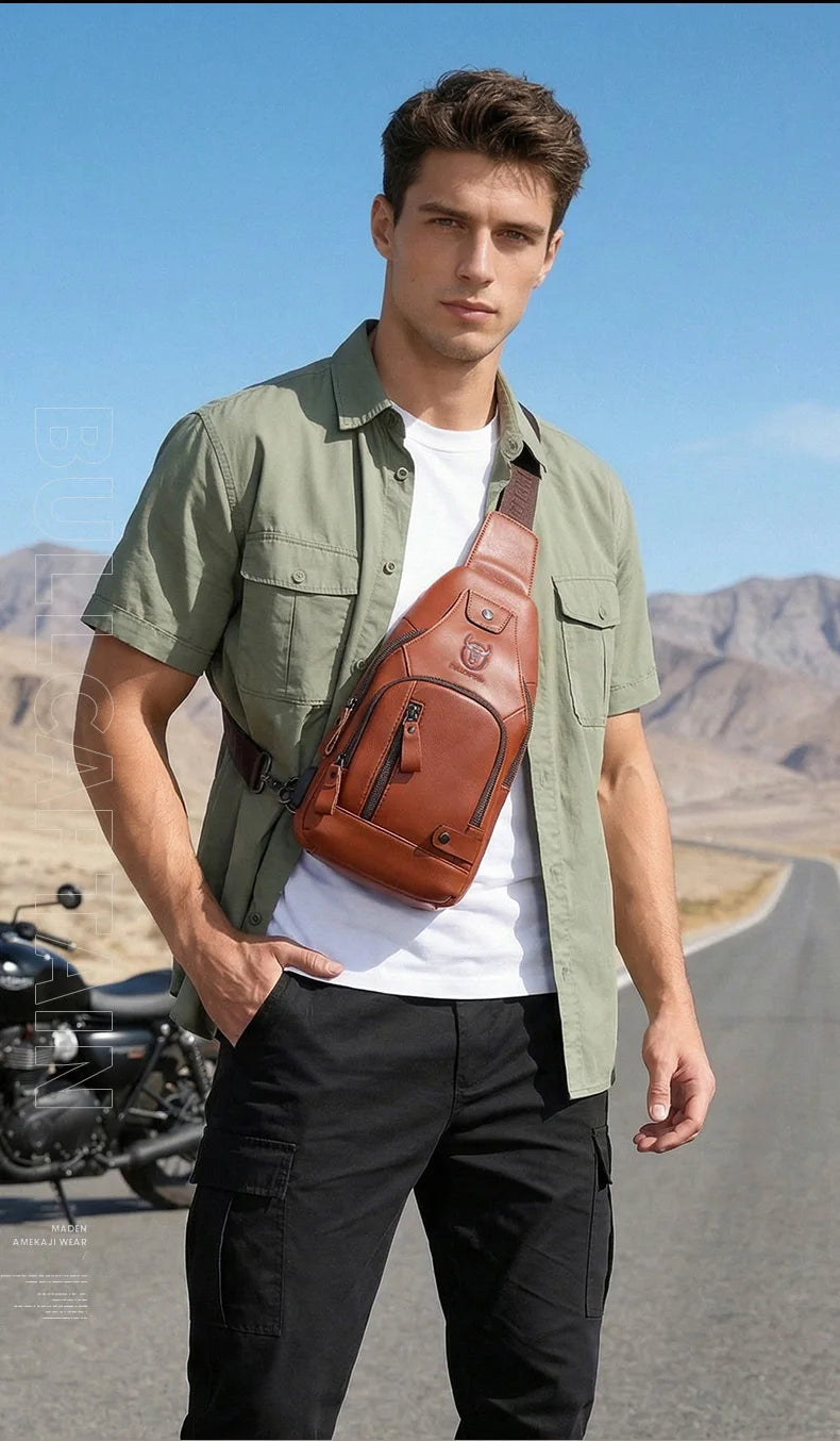 Bullcaptain Men's Usb Chest Bag 100% Genuine Leather Crossbody Shoulder Bags Multifunction Travel Outdoor Messenger Pack Fashion