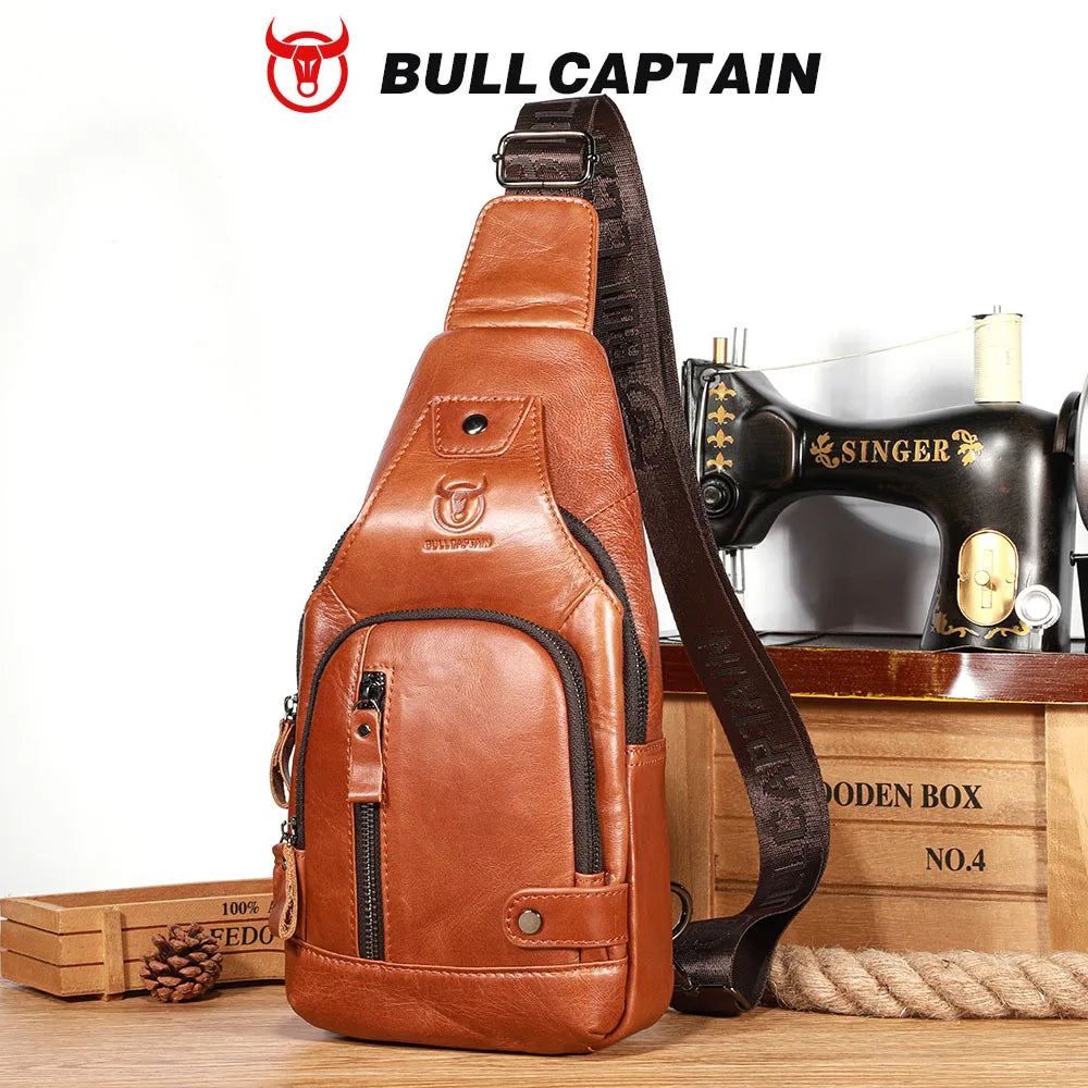 Bullcaptain Men's Usb Chest Bag 100% Genuine Leather Crossbody Shoulder Bags Multifunction Travel Outdoor Messenger Pack Fashion