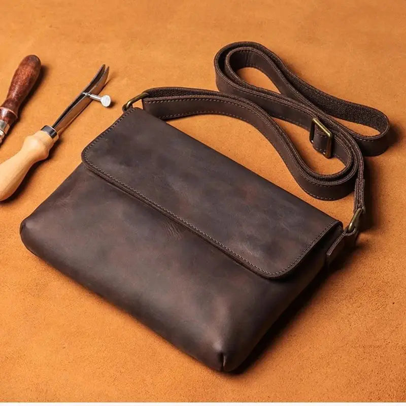 Men's Cowhide Bag Flap Fashion Shoulder Bag 7.9 Inch iPad Phone Bag Vintage Leather Crossbody Bag Gift for Husband