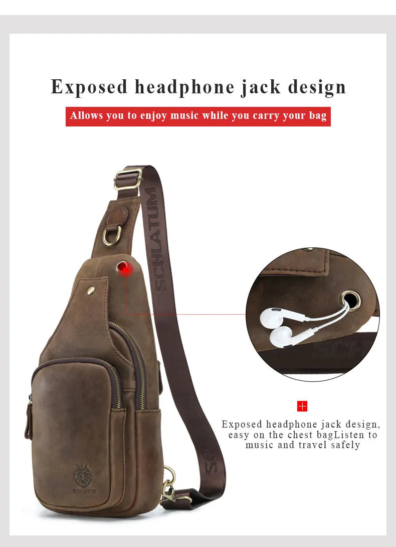SCHLATUM 100%Genuine Leather Chest Bag Casual Triangle Crossbody Design Travel Shoulder Backpack Men Leather Multifunctional Bag