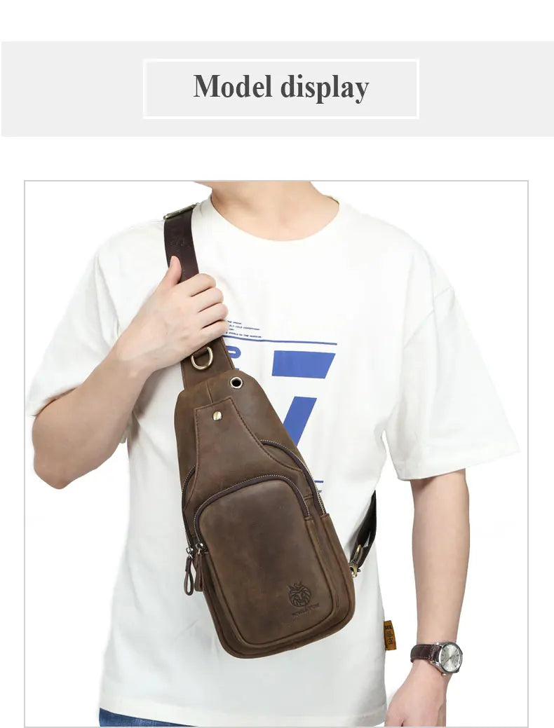 SCHLATUM 100%Genuine Leather Chest Bag Casual Triangle Crossbody Design Travel Shoulder Backpack Men Leather Multifunctional Bag