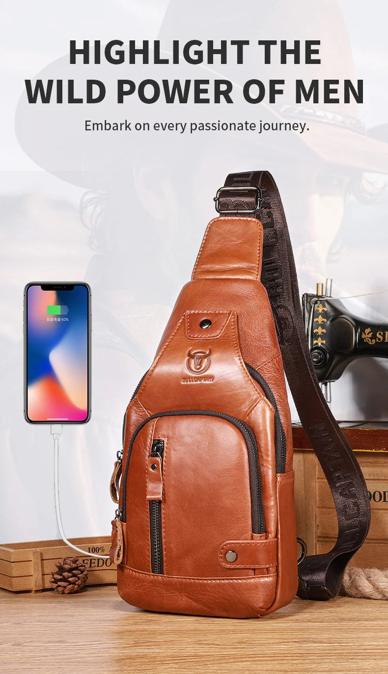 Bullcaptain Men's Usb Chest Bag 100% Genuine Leather Crossbody Shoulder Bags Multifunction Travel Outdoor Messenger Pack Fashion