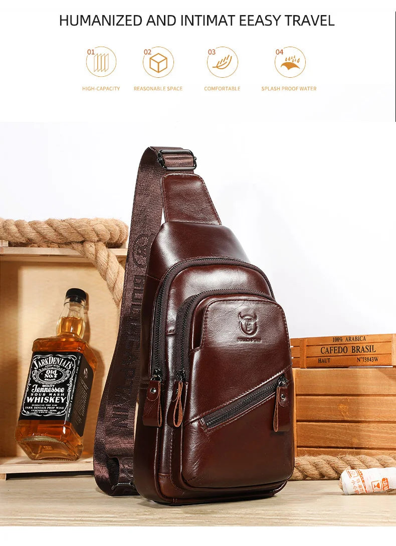 BULLCAPTAIN 2023 The Latest Men's Leather Chest Bag Large Capacity Casual Men's Messenger Bag Classic Leather Chest Bag XB 127
