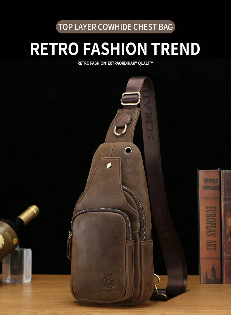 SCHLATUM 100%Genuine Leather Chest Bag Casual Triangle Crossbody Design Travel Shoulder Backpack Men Leather Multifunctional Bag