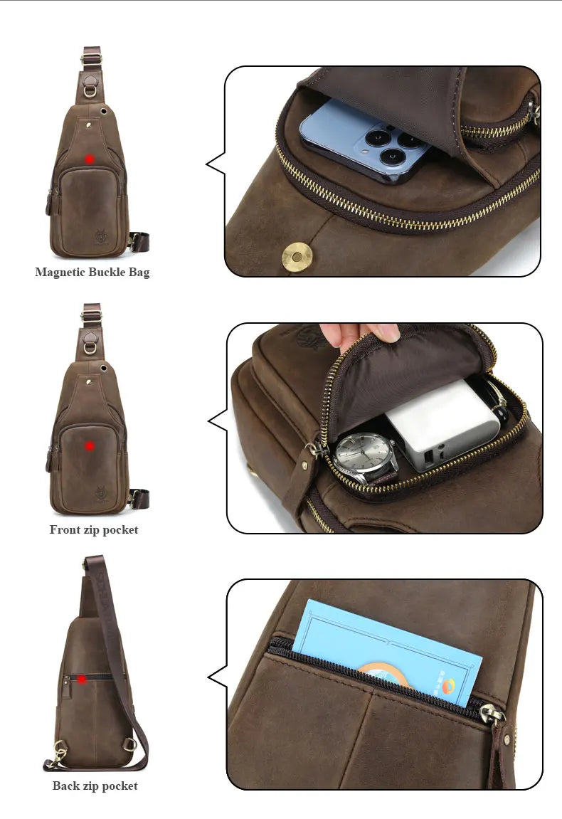 SCHLATUM 100%Genuine Leather Chest Bag Casual Triangle Crossbody Design Travel Shoulder Backpack Men Leather Multifunctional Bag