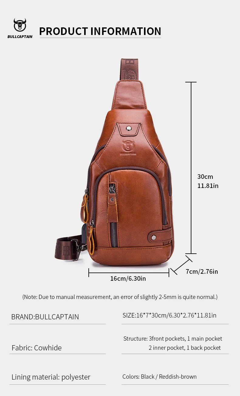 Bullcaptain Men's Usb Chest Bag 100% Genuine Leather Crossbody Shoulder Bags Multifunction Travel Outdoor Messenger Pack Fashion