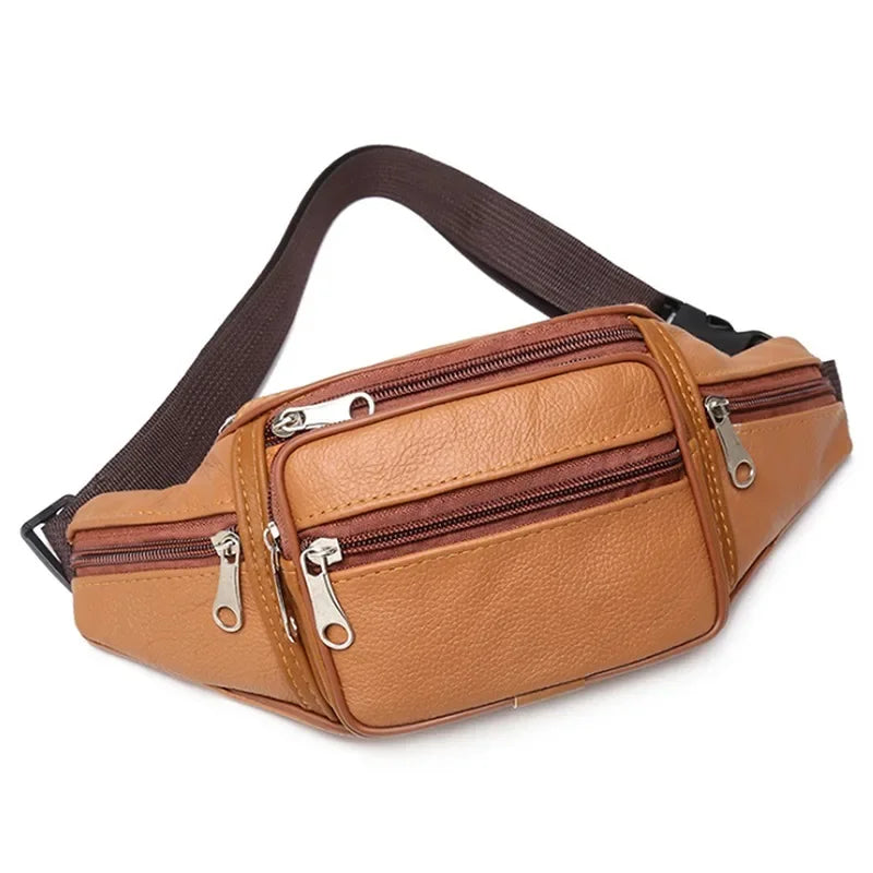 Men's Top-Grain Cowhide Genuine Leather Fanny Pack Multi-Pocket Casual Crossbody Waist Bag for Outdoor Travel And Daily Use