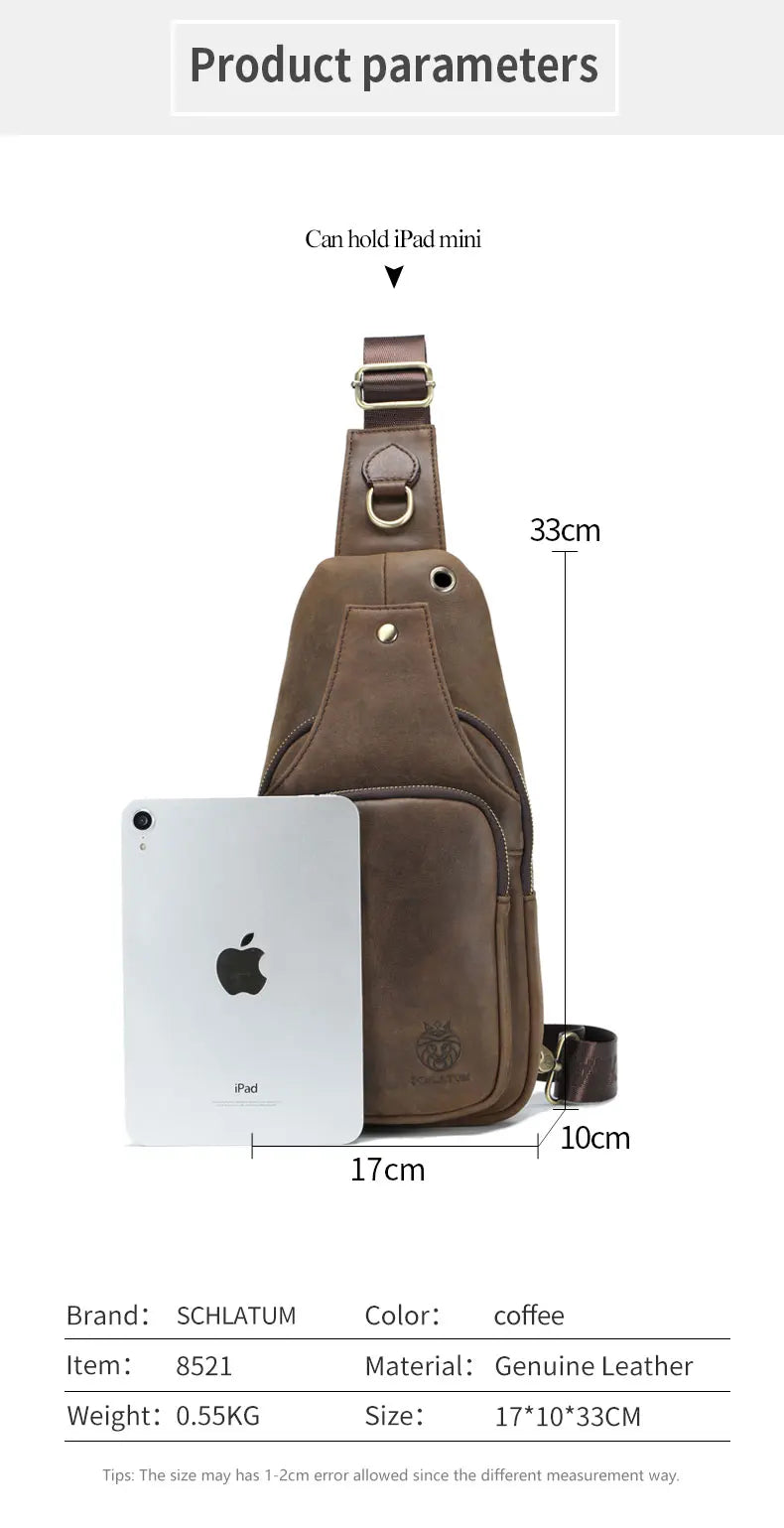 SCHLATUM 100%Genuine Leather Chest Bag Casual Triangle Crossbody Design Travel Shoulder Backpack Men Leather Multifunctional Bag