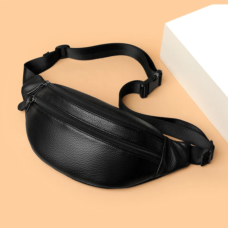 Minimalist Solid Color Genuine Leather Waist Bags for Men & Women Vintage Pebbled Texture Crossbody Chest Pack Luxury Funny Bag