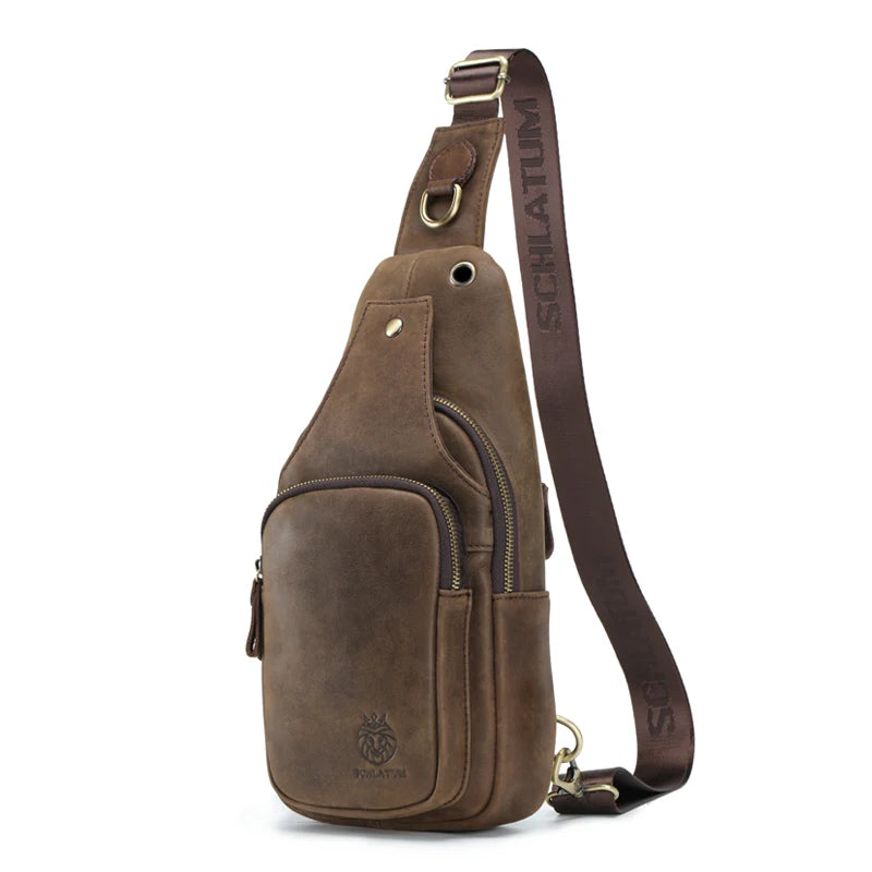SCHLATUM 100%Genuine Leather Chest Bag Casual Triangle Crossbody Design Travel Shoulder Backpack Men Leather Multifunctional Bag