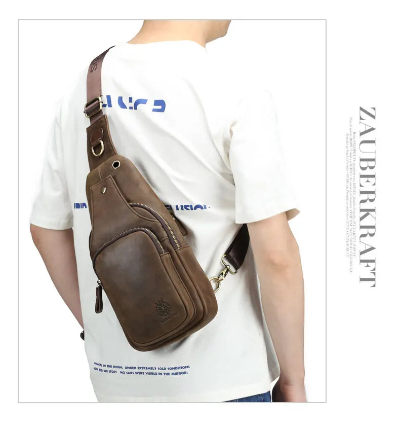 SCHLATUM 100%Genuine Leather Chest Bag Casual Triangle Crossbody Design Travel Shoulder Backpack Men Leather Multifunctional Bag