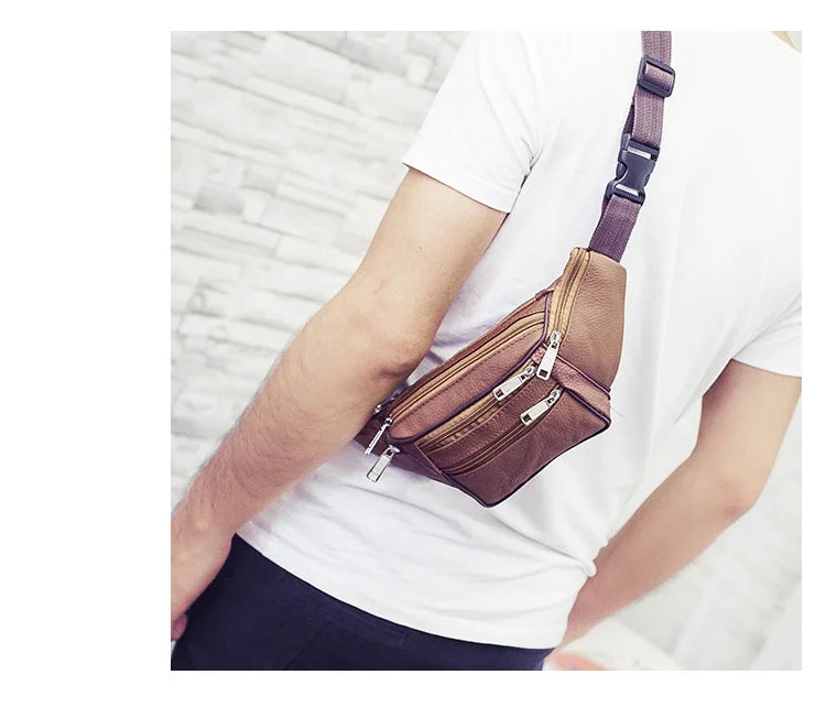 Men's Top-Grain Cowhide Genuine Leather Fanny Pack Multi-Pocket Casual Crossbody Waist Bag for Outdoor Travel And Daily Use