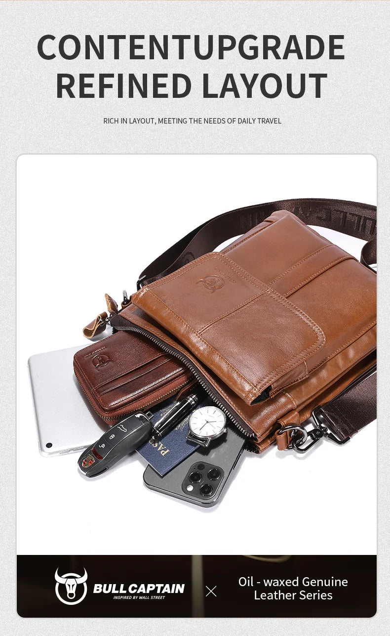 BULLCAPTAIN Men's Genuine Leather Crossbody Bag Large Capacity Multifunctional Top Layer Cowhide Shoulder Bag Fashion Man Bag